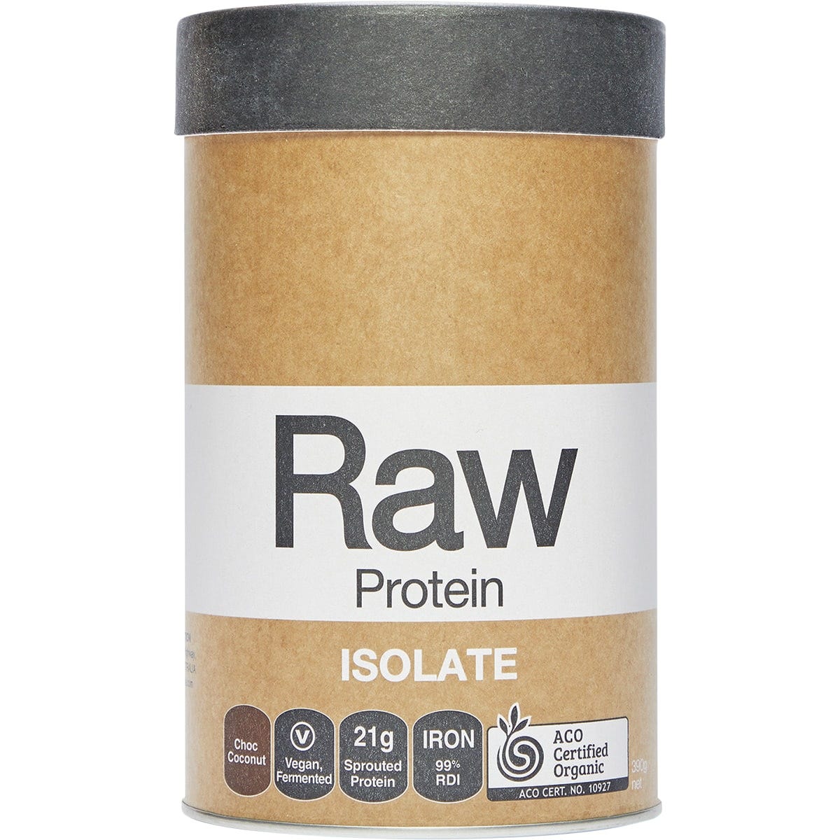 390g tub of Amazonia Raw Protein Isolate in Choc Coconut flavor with organic sprouted and fermented plant protein.