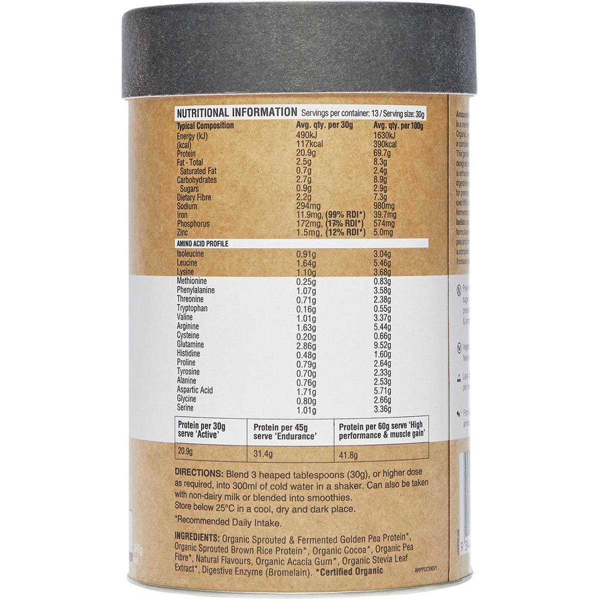 390g tub of Amazonia Raw Protein Isolate Choc Coconut with a brown and white label on a white background.