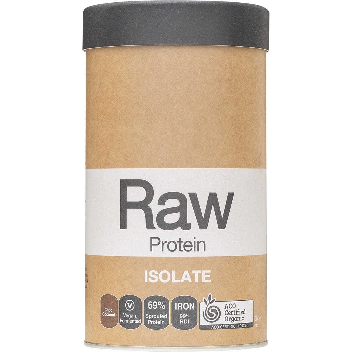 500g tub of Amazonia Raw Protein Isolate Choc Coconut with organic sprouted and fermented golden pea protein.