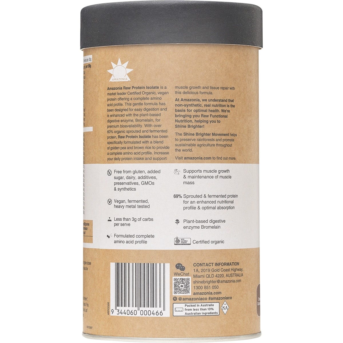 Side view of an Amazonia Raw Protein Isolate Choc Coconut 500g tub on a white background.
