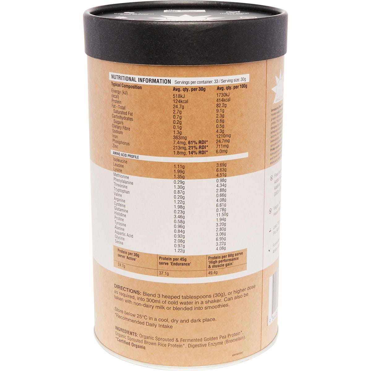 Side view of a 1kg tub of Amazonia Raw Protein Isolate Natural highlighting organic certification on a white background.