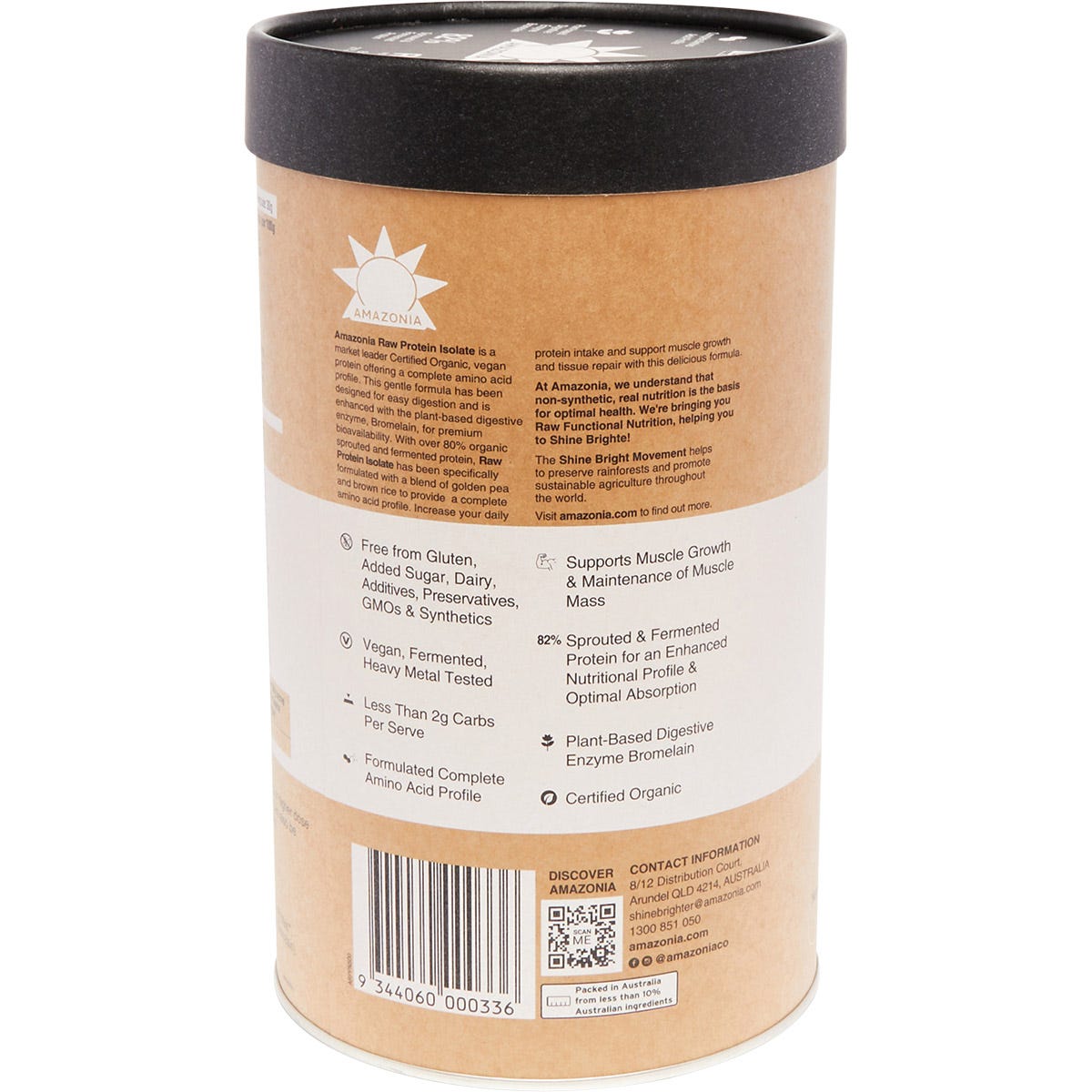 1kg tub of Amazonia Raw Protein Isolate Natural shown from a side angle on a white background.