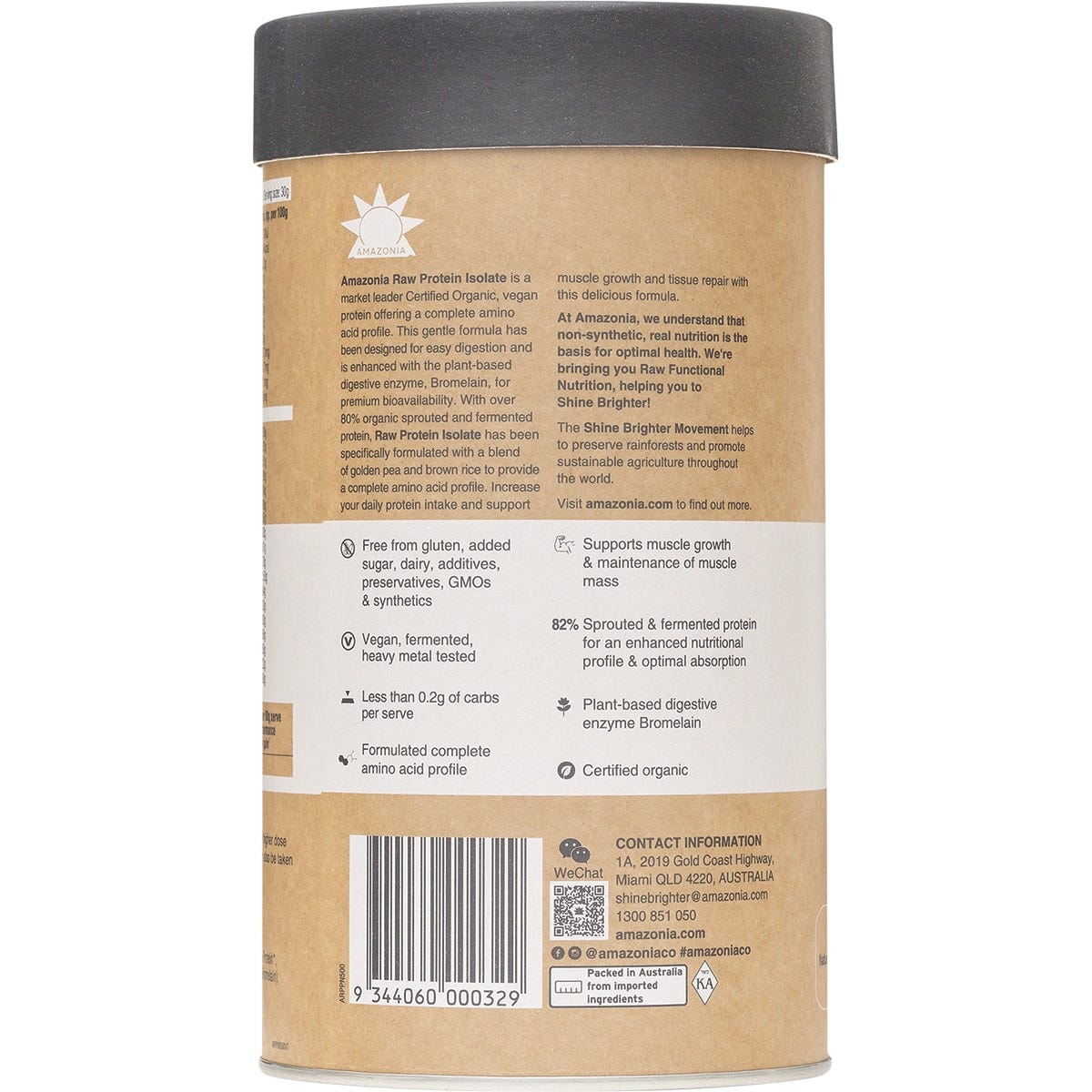 500g tub of Amazonia Raw Protein Isolate Natural featuring a white container with gold and green botanical illustrations.