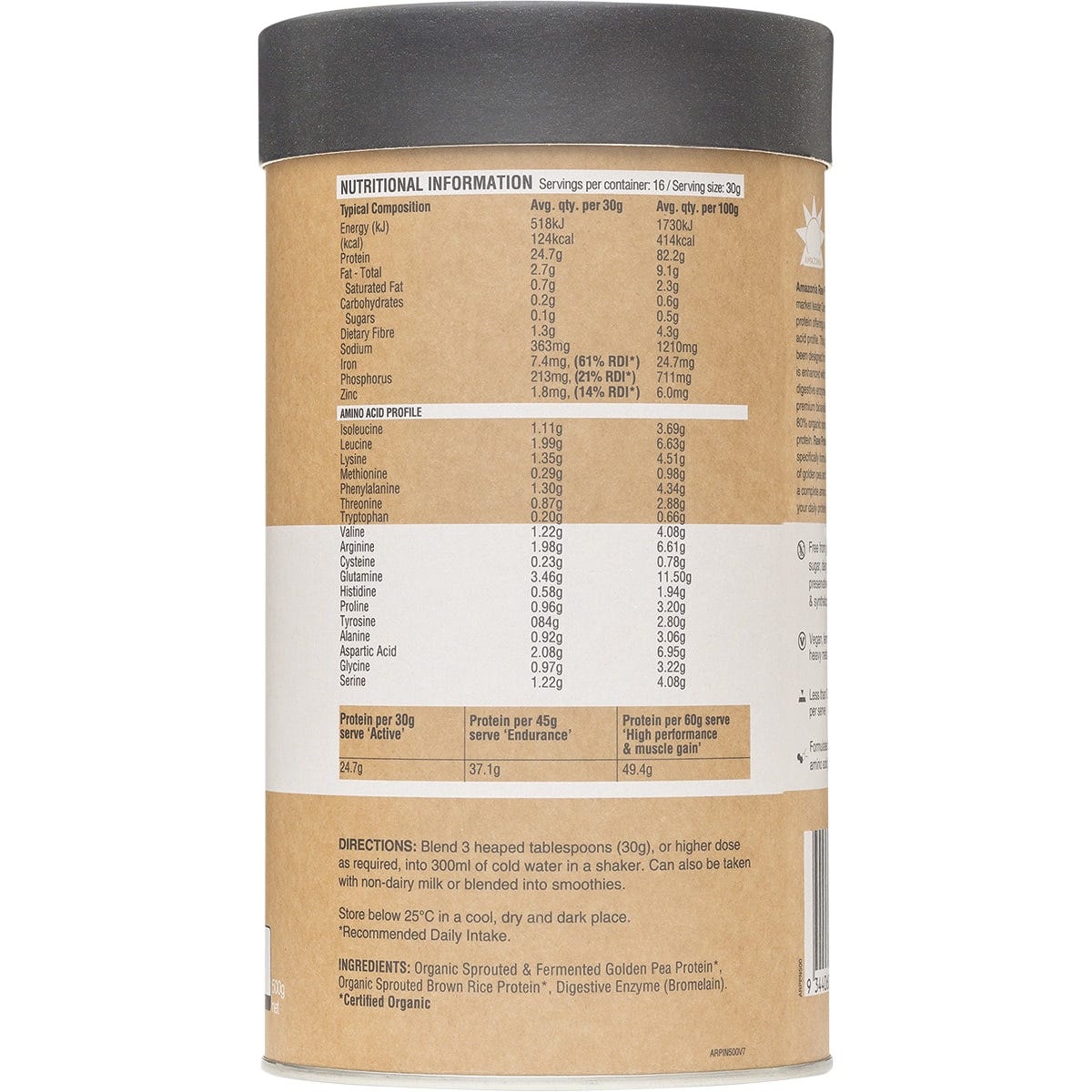 500g tub of Amazonia Raw Protein Isolate Natural on a white background with gold and green botanical designs.