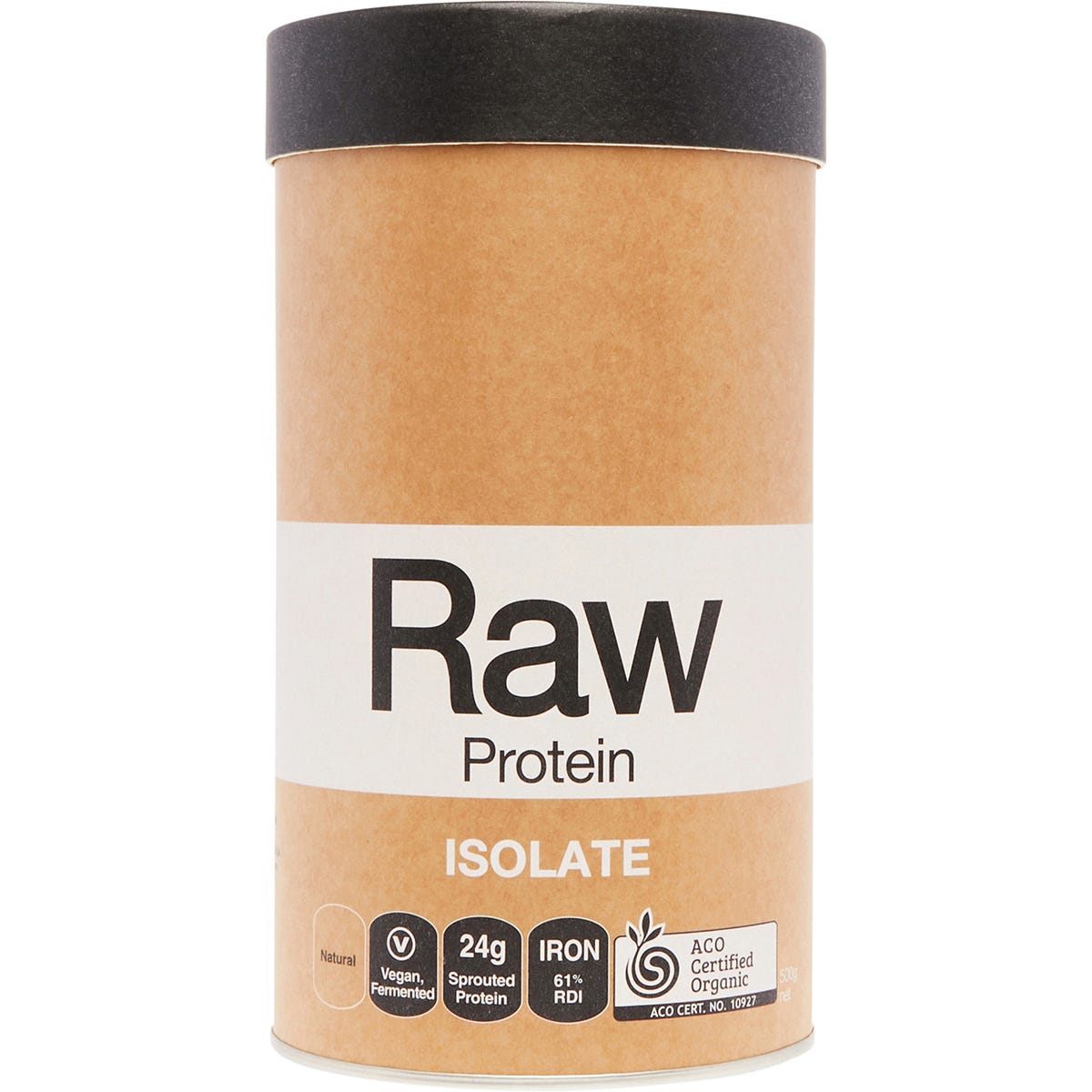 500g tub of Amazonia Raw Protein Isolate Natural featuring a white container with gold and green botanical illustrations.