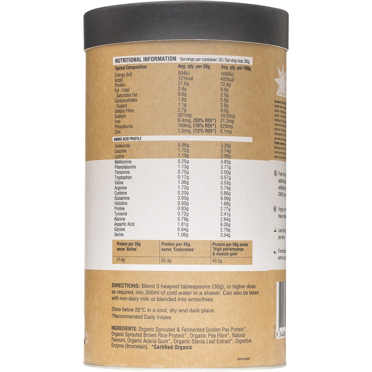 1kg tub of Amazonia Raw Protein Isolate Vanilla on a white background with organic botanical illustrations.