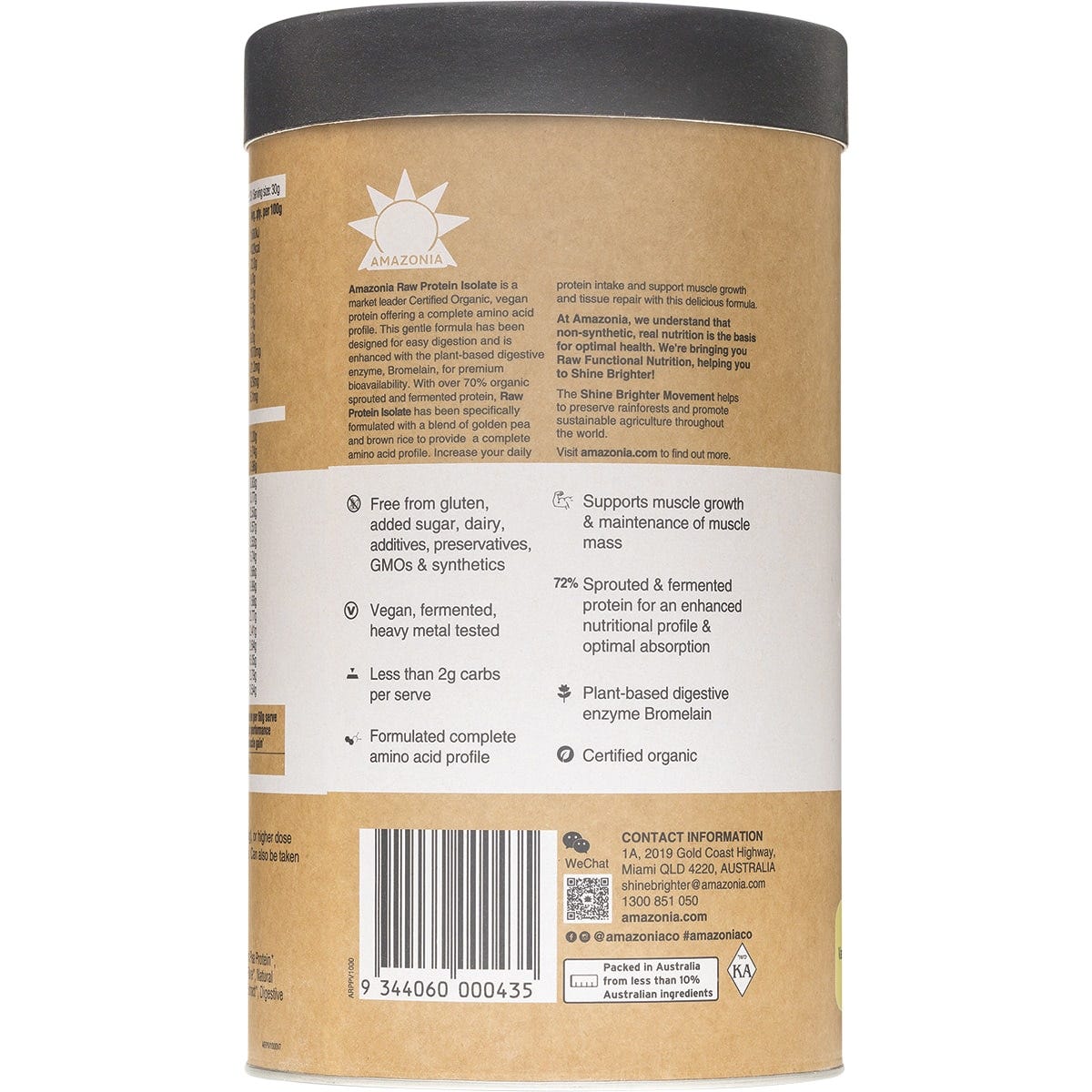 1kg tub of Amazonia Raw Protein Isolate Vanilla on a white background with organic botanical illustrations.