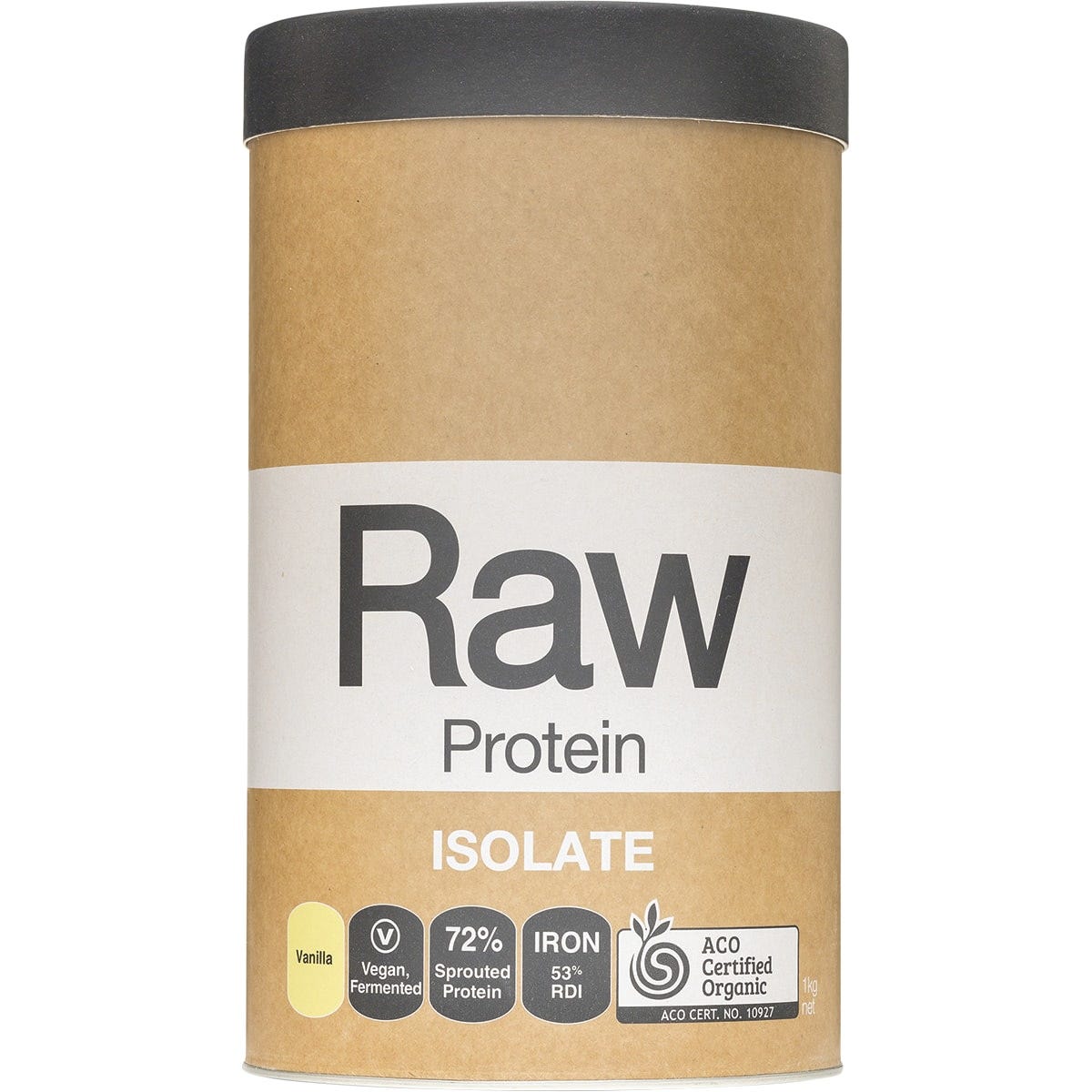 1kg tub of Amazonia Raw Protein Isolate Vanilla with organic botanical illustrations on a white background.