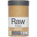 390g tub of Amazonia Raw Protein Isolate Vanilla featuring a white container with botanical label illustrations.