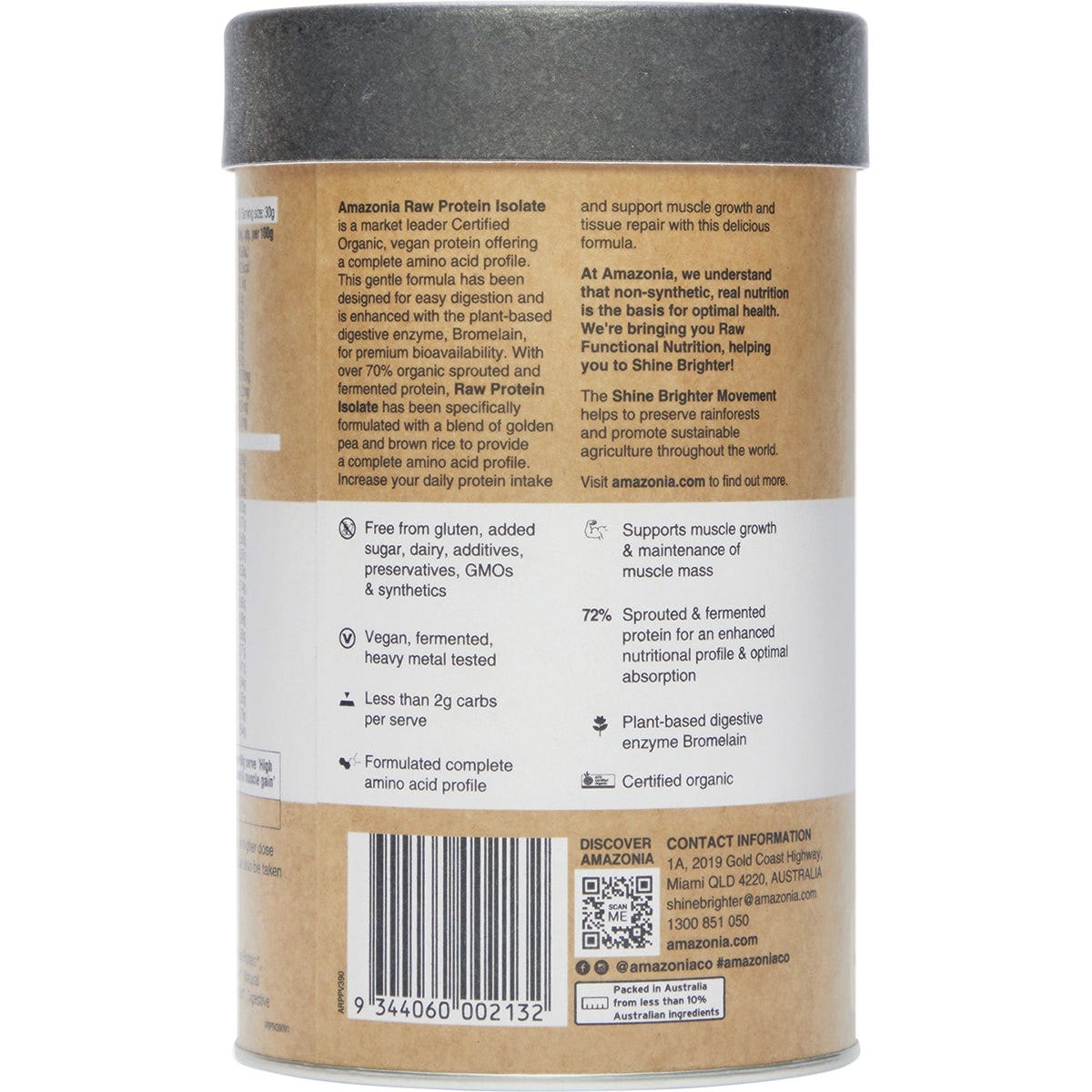 Amazonia Raw Protein Isolate Vanilla 390g tub with a scoop and vanilla flower on a white background.