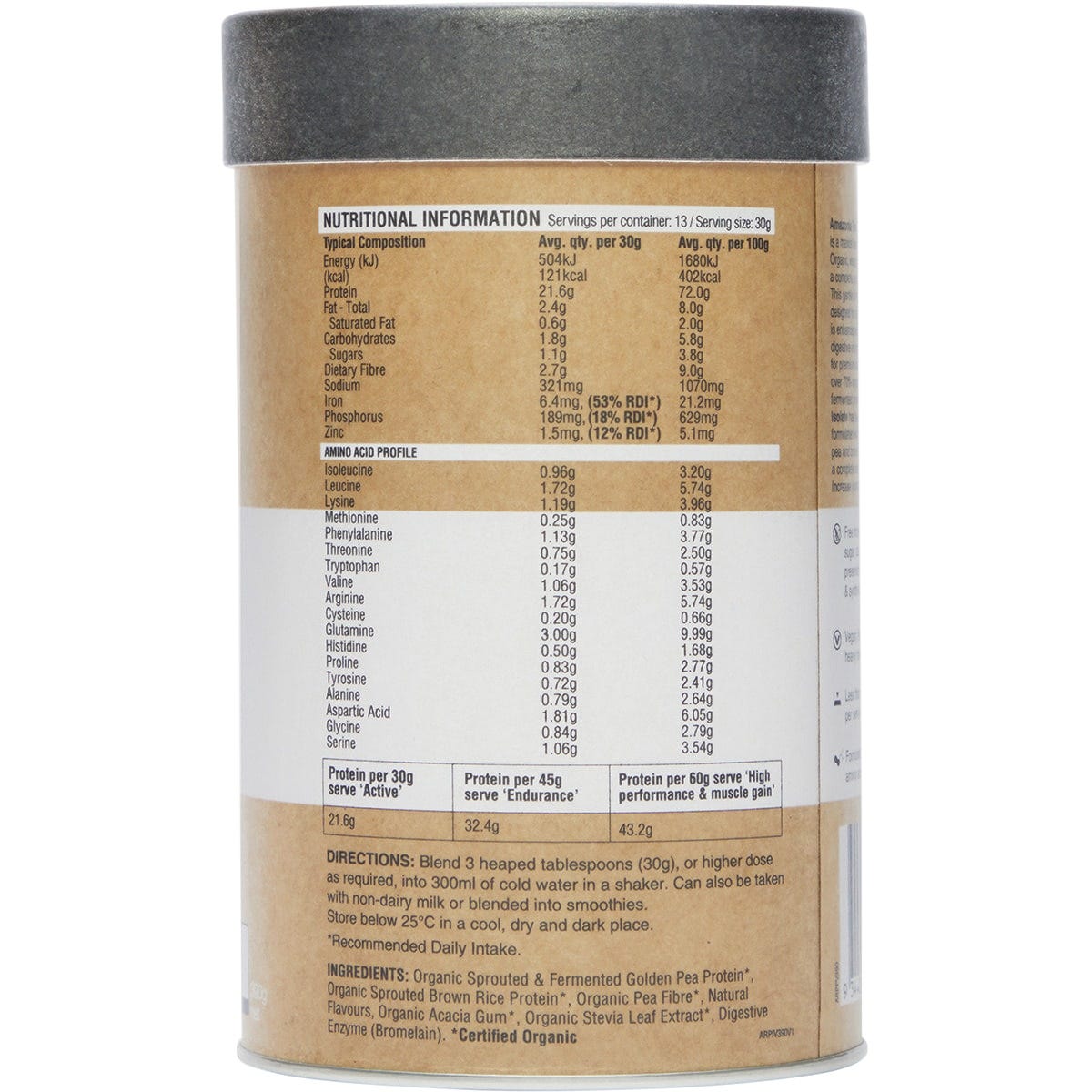 390g tub of Amazonia Raw Protein Isolate Vanilla with botanical illustrations on a white background.