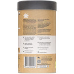 Side view of a 500g tub of Amazonia Raw Protein Isolate Vanilla with botanical illustrations on a white background.