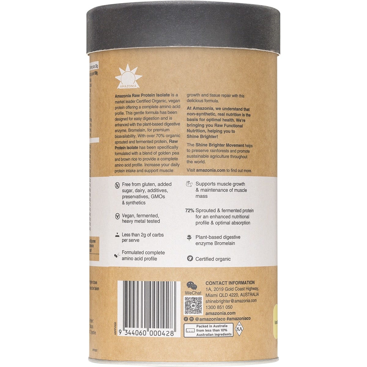 Side view of a 500g tub of Amazonia Raw Protein Isolate Vanilla with botanical illustrations on a white background.