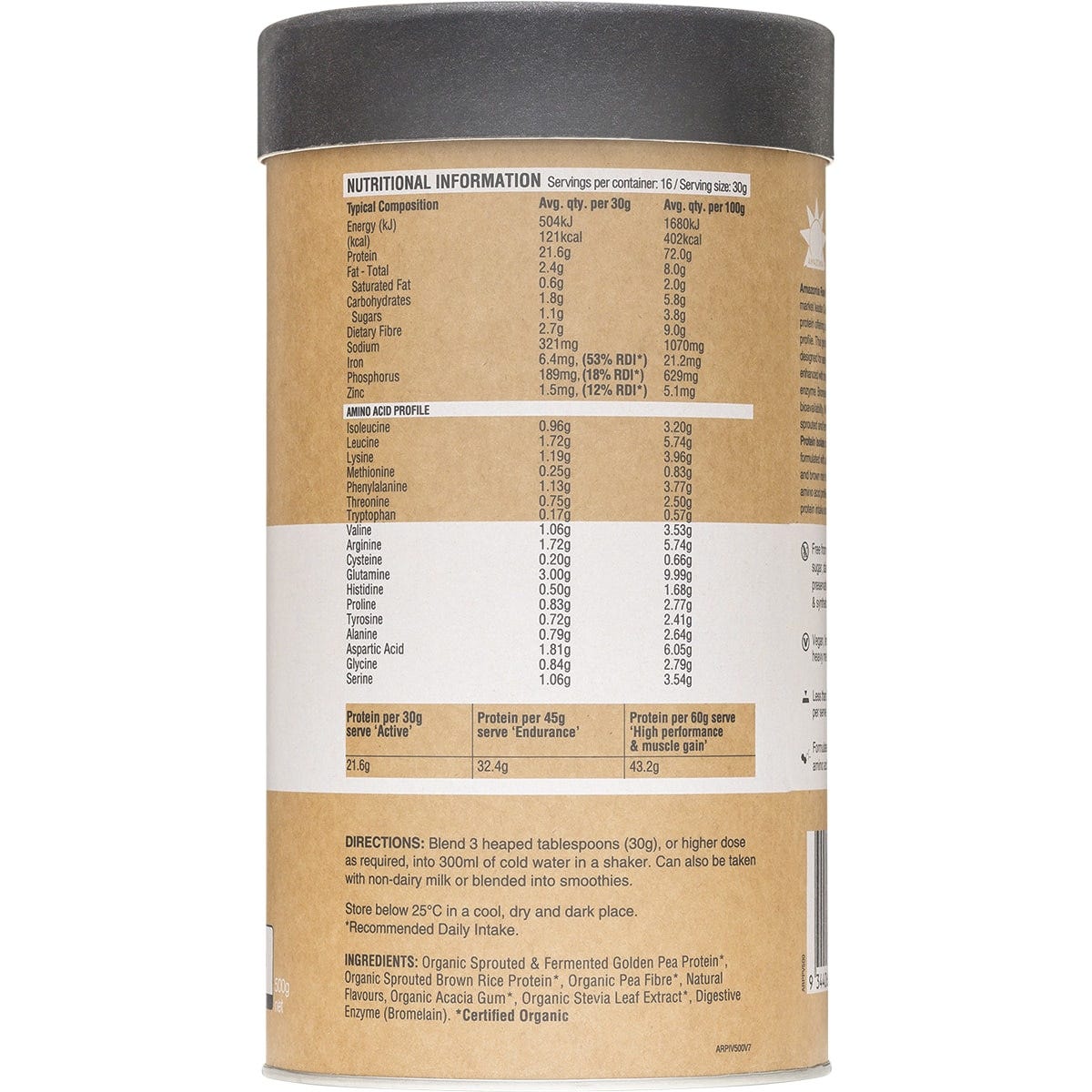 500g tub of Amazonia Raw Protein Isolate Vanilla on a white background with botanical illustrations.
