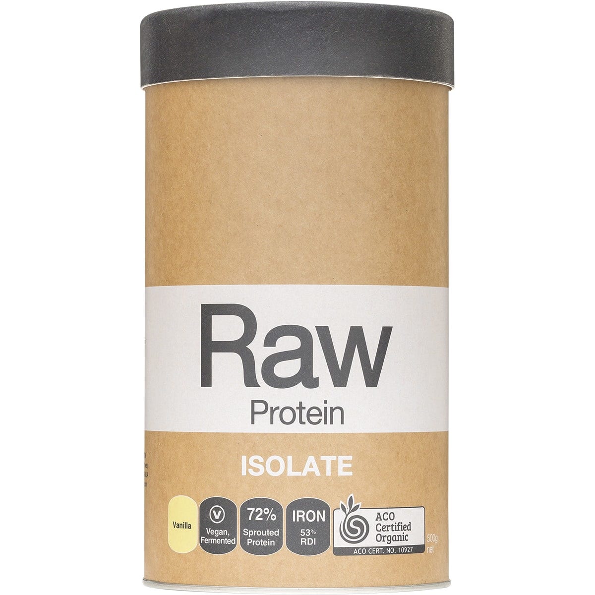 500g tub of Amazonia Raw Protein Isolate Vanilla with botanical illustrations on a white background.