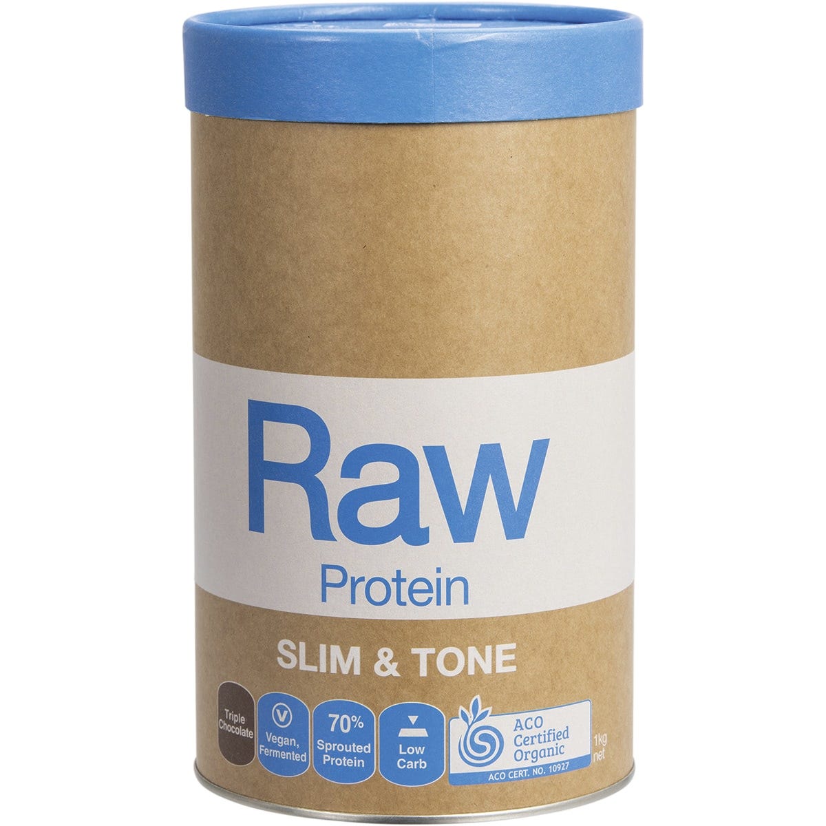 Amazonia Raw Protein Slim and Tone Triple Chocolate 1kg tub featuring botanical illustrations on a white background.