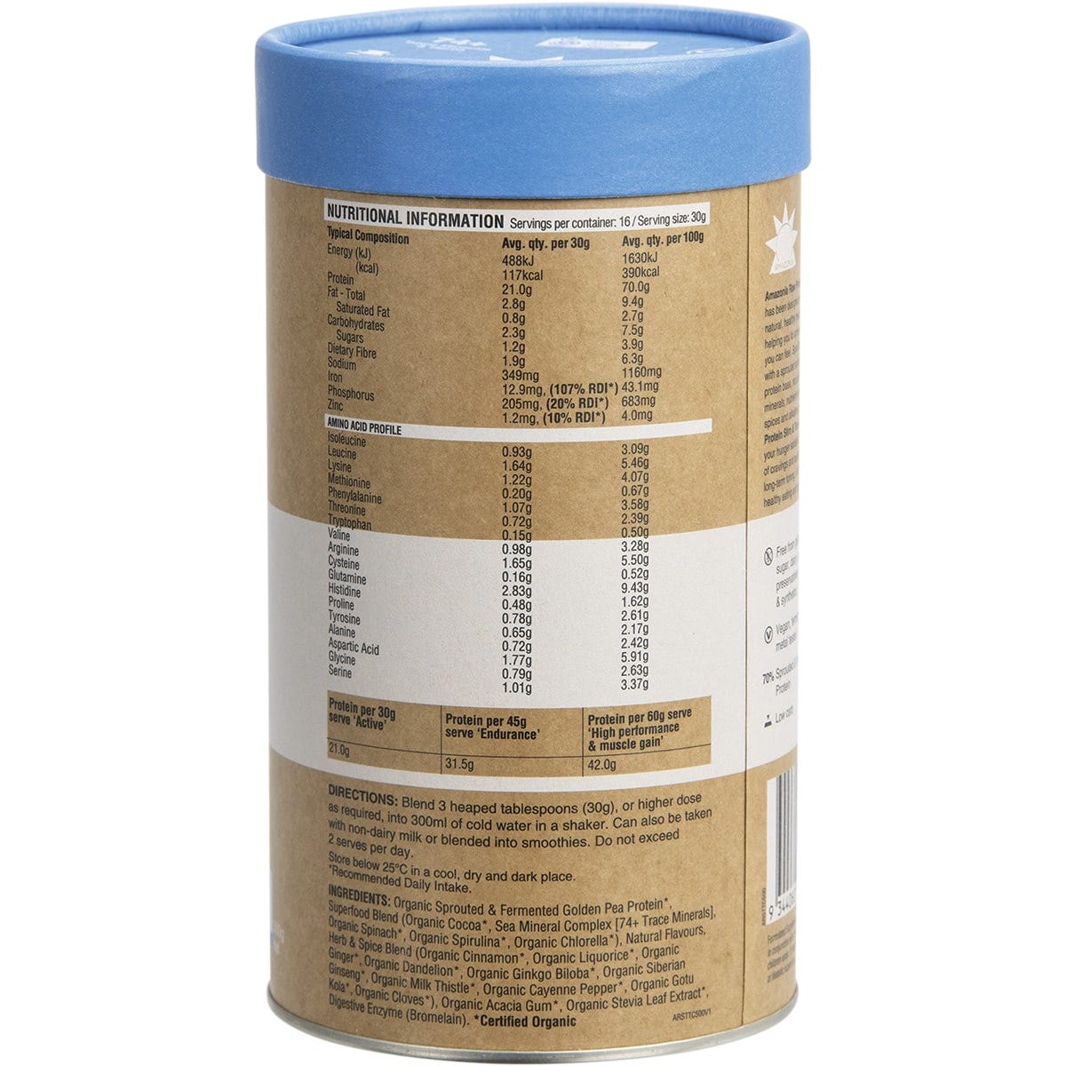 500g tub of Amazonia Raw Protein Slim & Tone Triple Chocolate showing the side label on a white background.