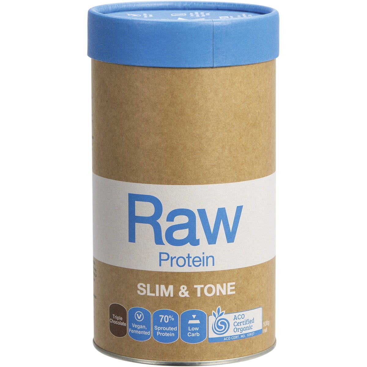 500g tub of Amazonia Raw Protein Slim & Tone Triple Chocolate on a white background.