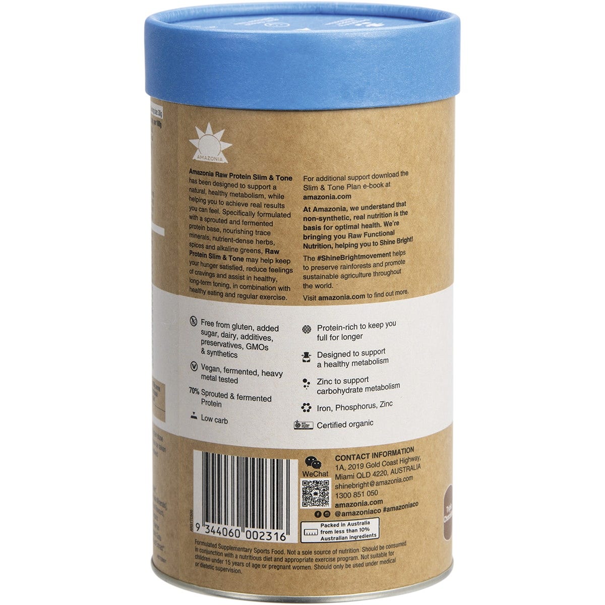 Side view of a 500g tub of Amazonia Raw Protein Slim and Tone Triple Chocolate on a white background.