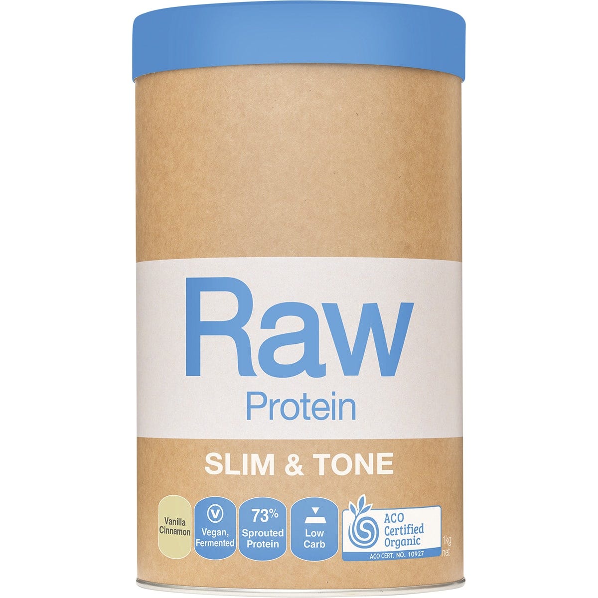 1kg tub of Amazonia Raw Protein Slim and Tone in Vanilla Cinnamon flavor on a white background.