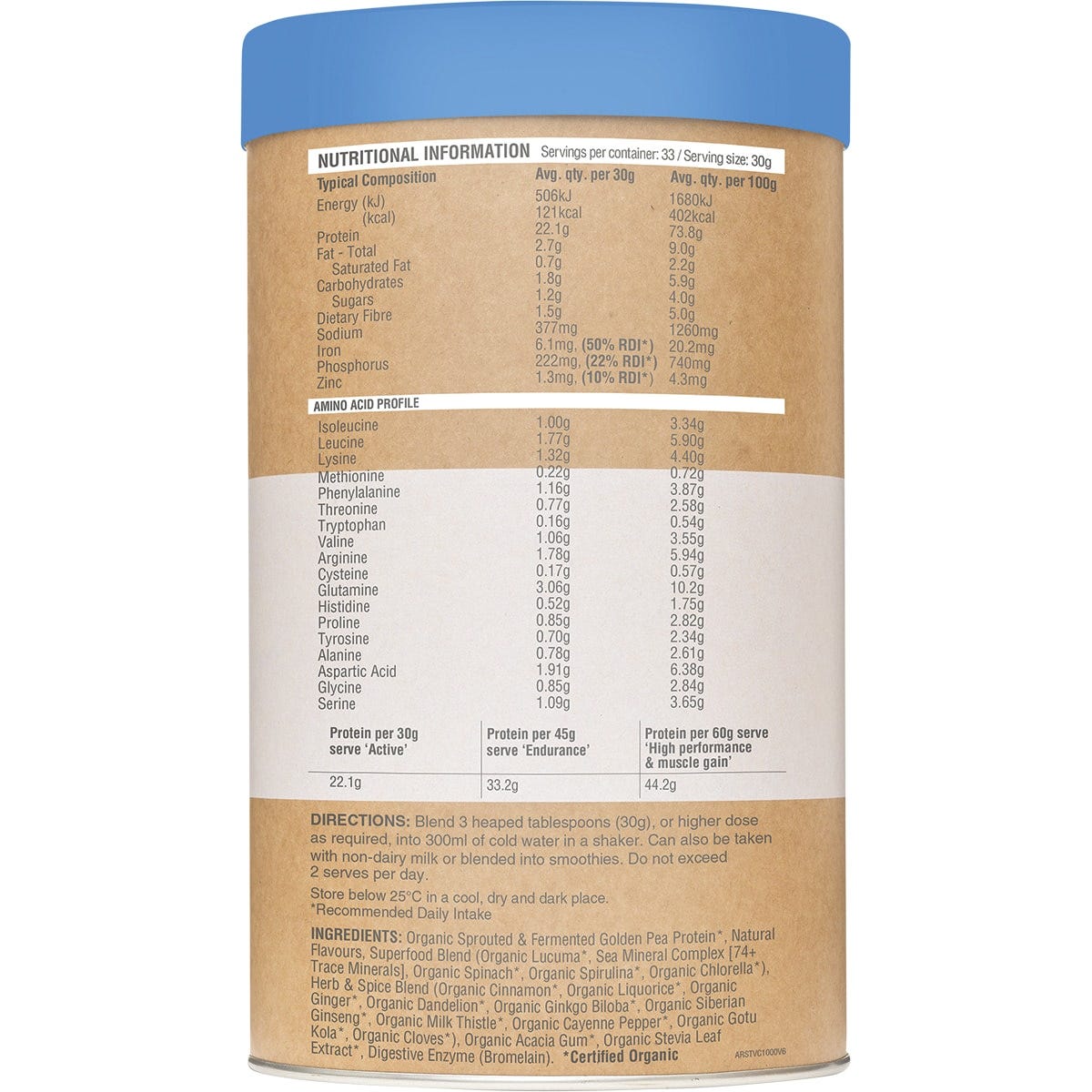 1kg tub of Amazonia Raw Protein Slim and Tone Vanilla Cinnamon with a white scoop on a white background.