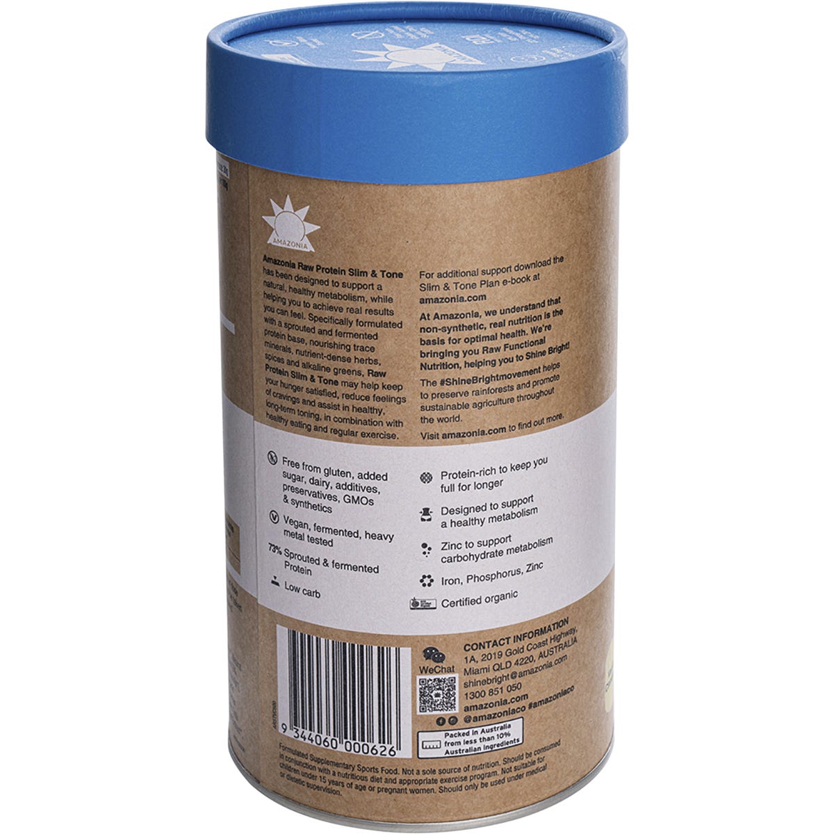500g tub of Amazonia Raw Protein Slim and Tone Vanilla Cinnamon with a botanical label on a white background.
