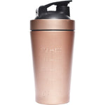 Rose gold 500ml Amazonia Raw stainless steel shaker bottle with a black lid on a white background.