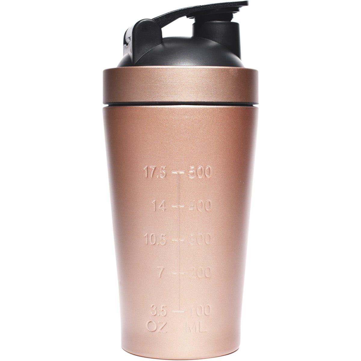 Rose gold 500ml Amazonia Raw stainless steel shaker bottle with a black lid on a white background.