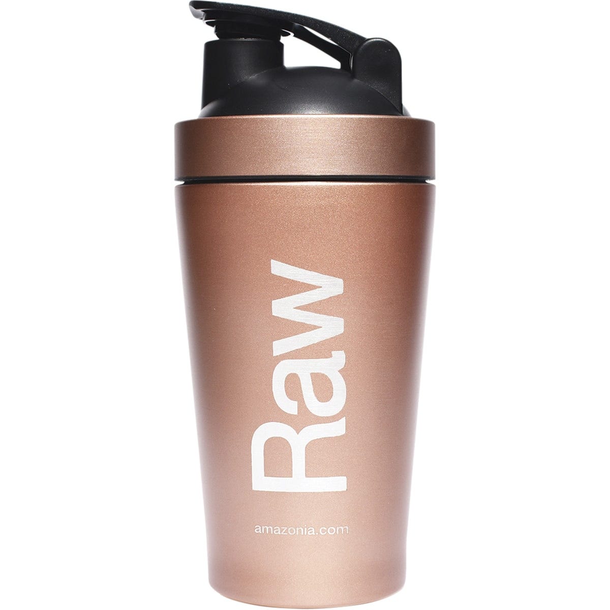 Rose gold 500ml Amazonia Raw stainless steel shaker bottle with a black lid and built-in mixing blades.