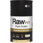 White tub of Amazonia RawFit Creamy Vanilla plant protein, 500g, featuring gold and black text on a clean label.