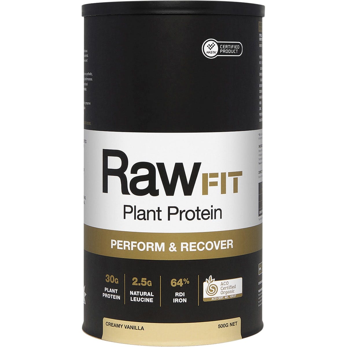 White tub of Amazonia RawFit Creamy Vanilla plant protein, 500g, featuring gold and black text on a clean label.