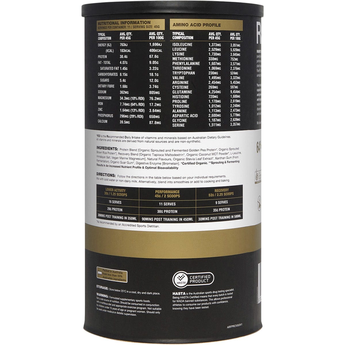 500g tub of Amazonia RawFit Creamy Vanilla plant protein shown from a side angle on a white background.