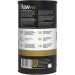 White tub of Amazonia RawFit Creamy Vanilla protein showing nutritional facts and ingredients on the back label.