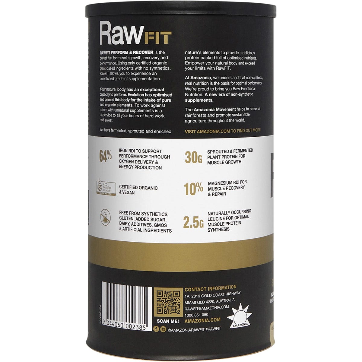 White tub of Amazonia RawFit Creamy Vanilla protein showing nutritional facts and ingredients on the back label.