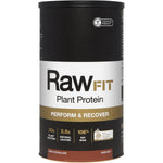 Amazonia RawFit Plant Protein Perform and Recover Rich Chocolate 500g canister with organic and HASTA certified logos.