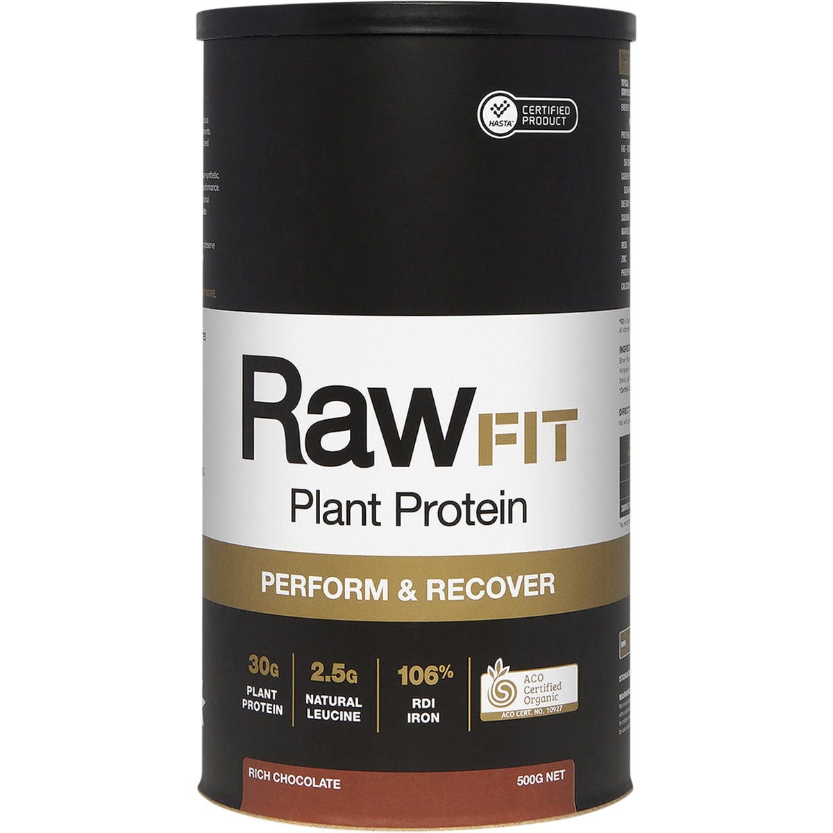 Amazonia RawFit Plant Protein Perform and Recover Rich Chocolate 500g canister with organic and HASTA certified logos.