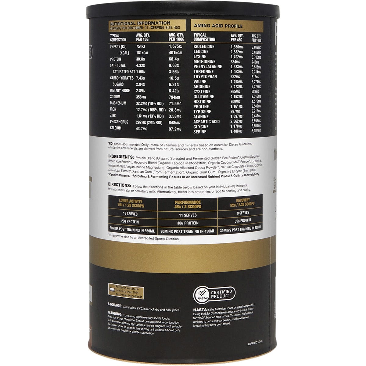 500g canister of Amazonia RawFit Plant Protein Perform & Recover Rich Chocolate on a white background.