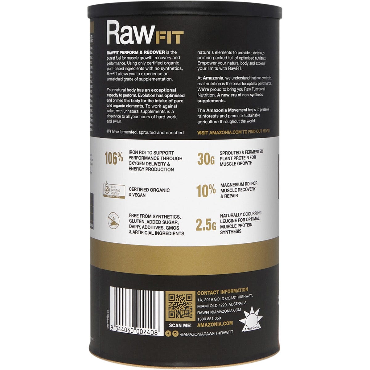 Amazonia RawFit Plant Protein Perform and Recover Rich Chocolate 500g canister on a white background.