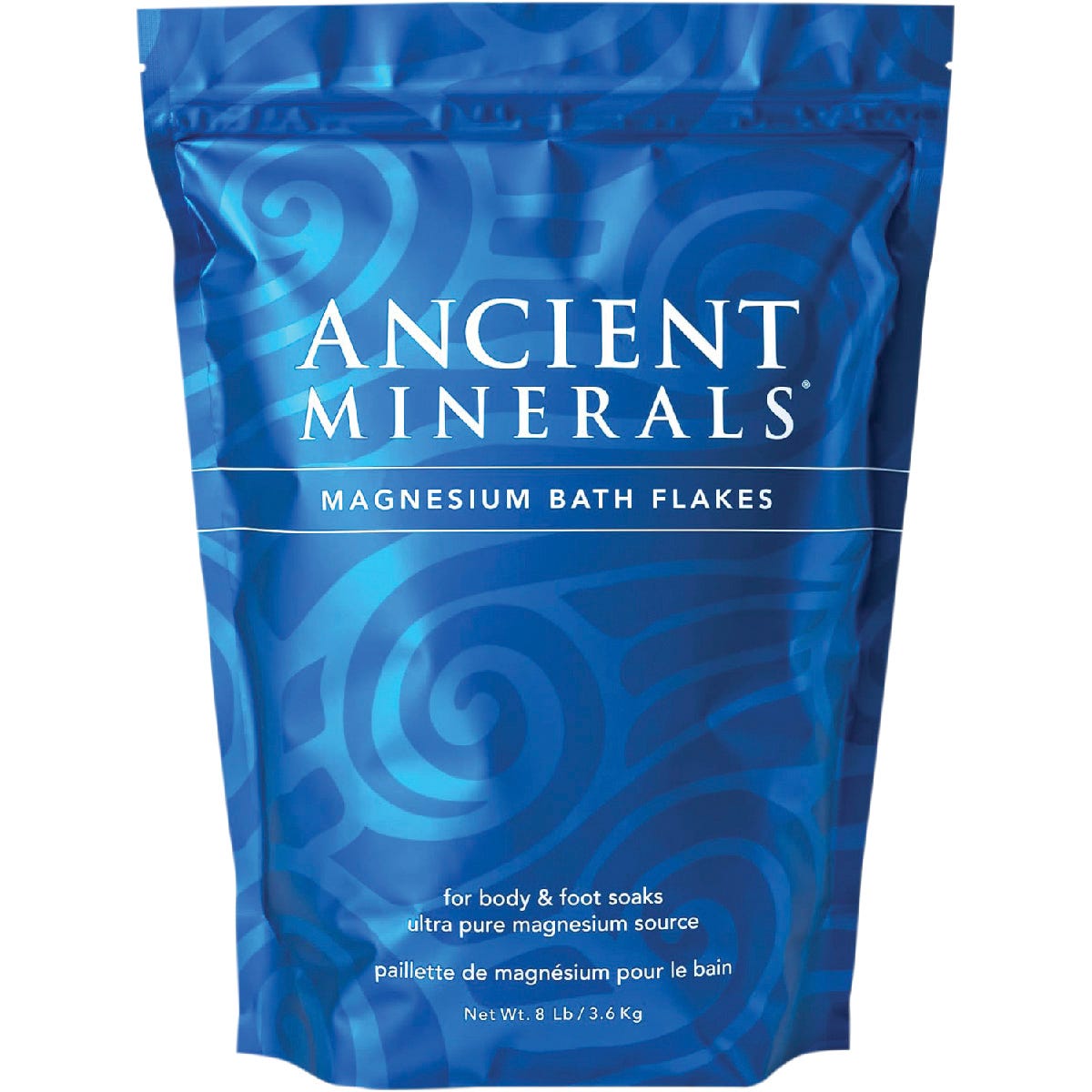 3.6kg bag of Ancient Minerals Magnesium Flakes for bath and foot soaks on a white background.