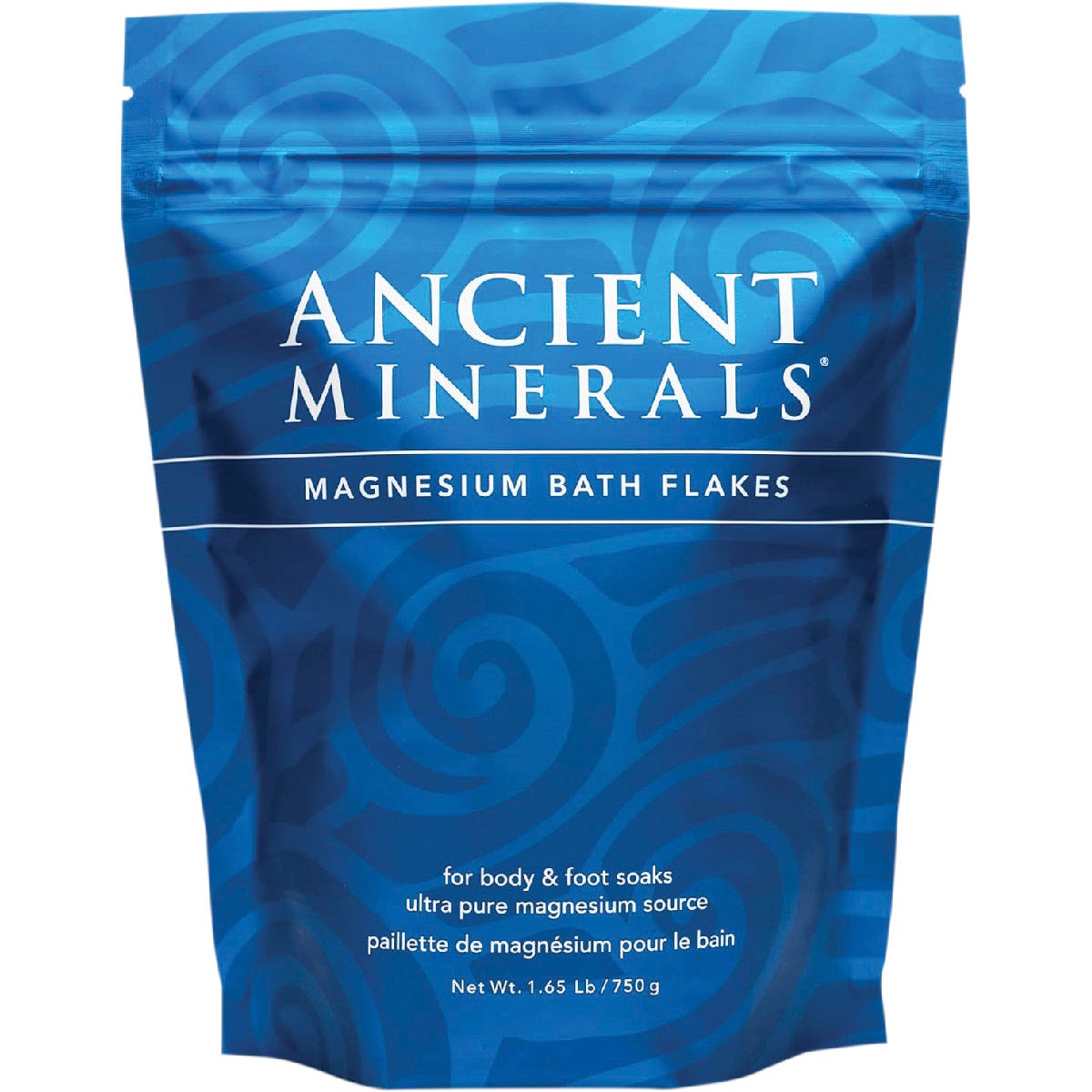 750g bag of Ancient Minerals Magnesium Flakes for bath and foot soaks on a white background.
