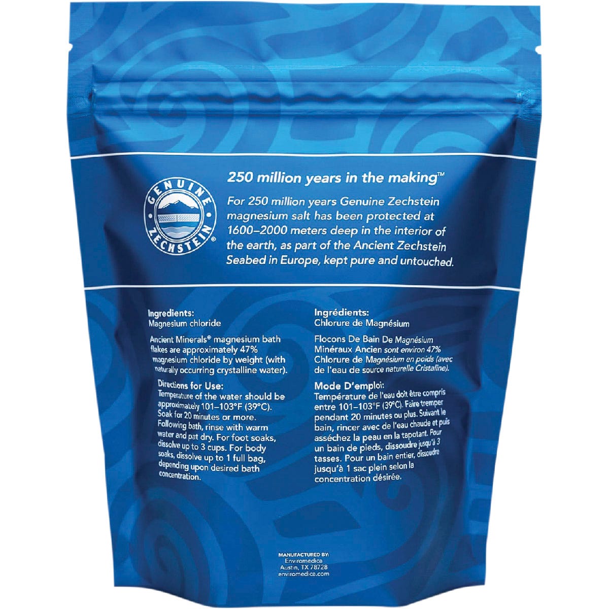 750g bag of Ancient Minerals Magnesium Flakes with a blue and white label on a white background.