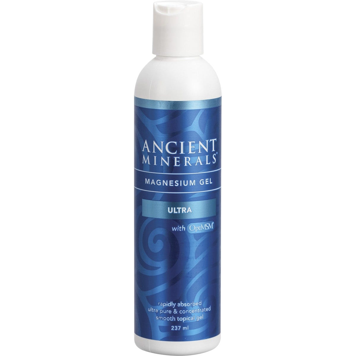 237ml bottle of Ancient Minerals Magnesium Gel Ultra with MSM and organic aloe vera on a white background.