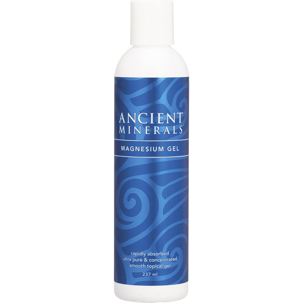237ml bottle of Ancient Minerals Magnesium Gel Full Strength with a pump dispenser on a white background.