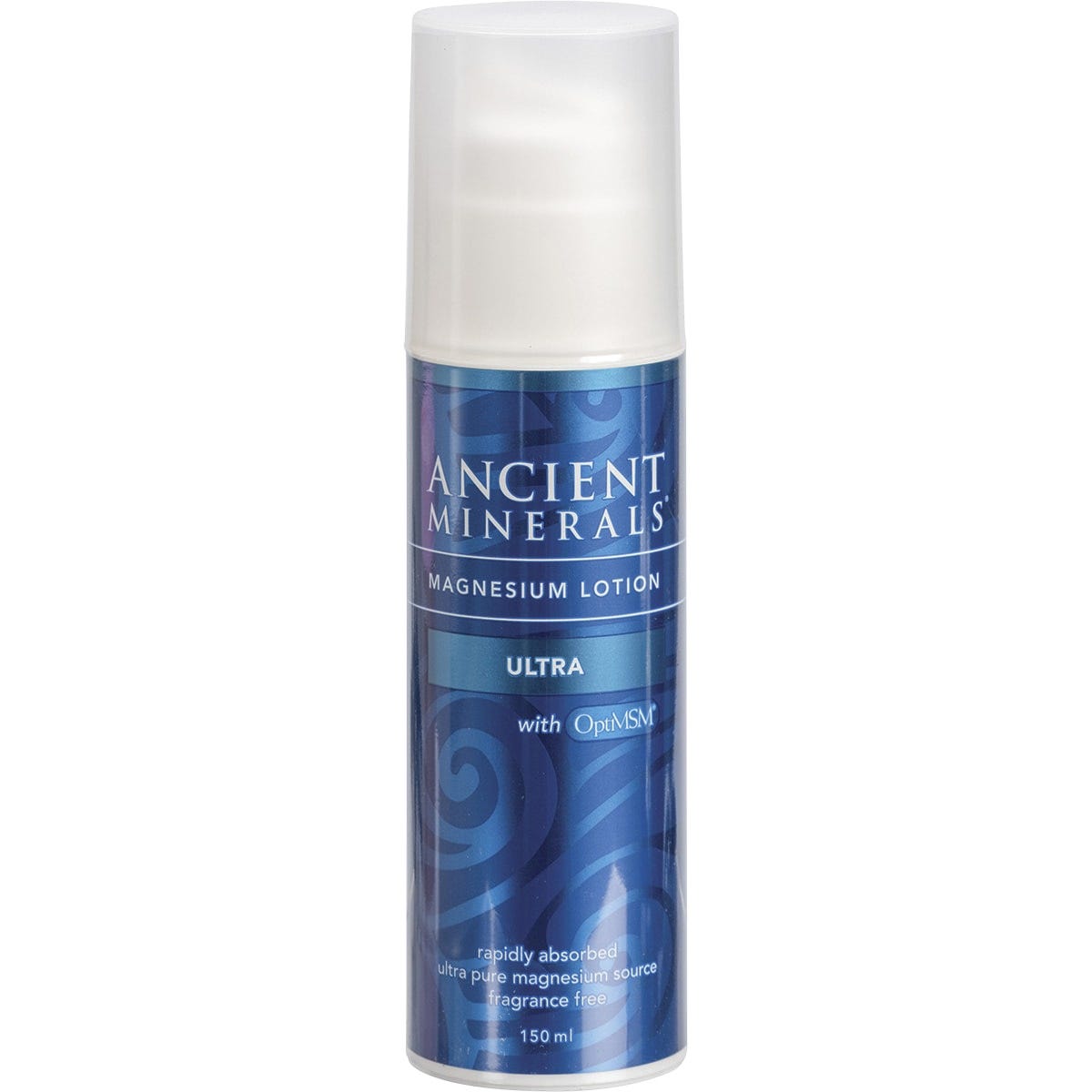 Ancient Minerals Magnesium Lotion Ultra with MSM 150ml pump bottle on a white background.