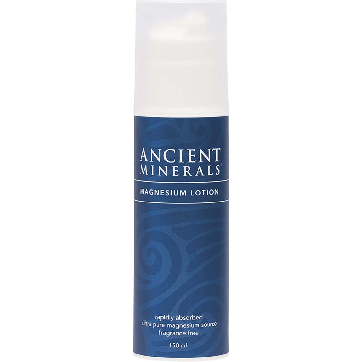 150ml bottle of Ancient Minerals Magnesium Lotion Full Strength with an airless pump dispenser on a white background.
