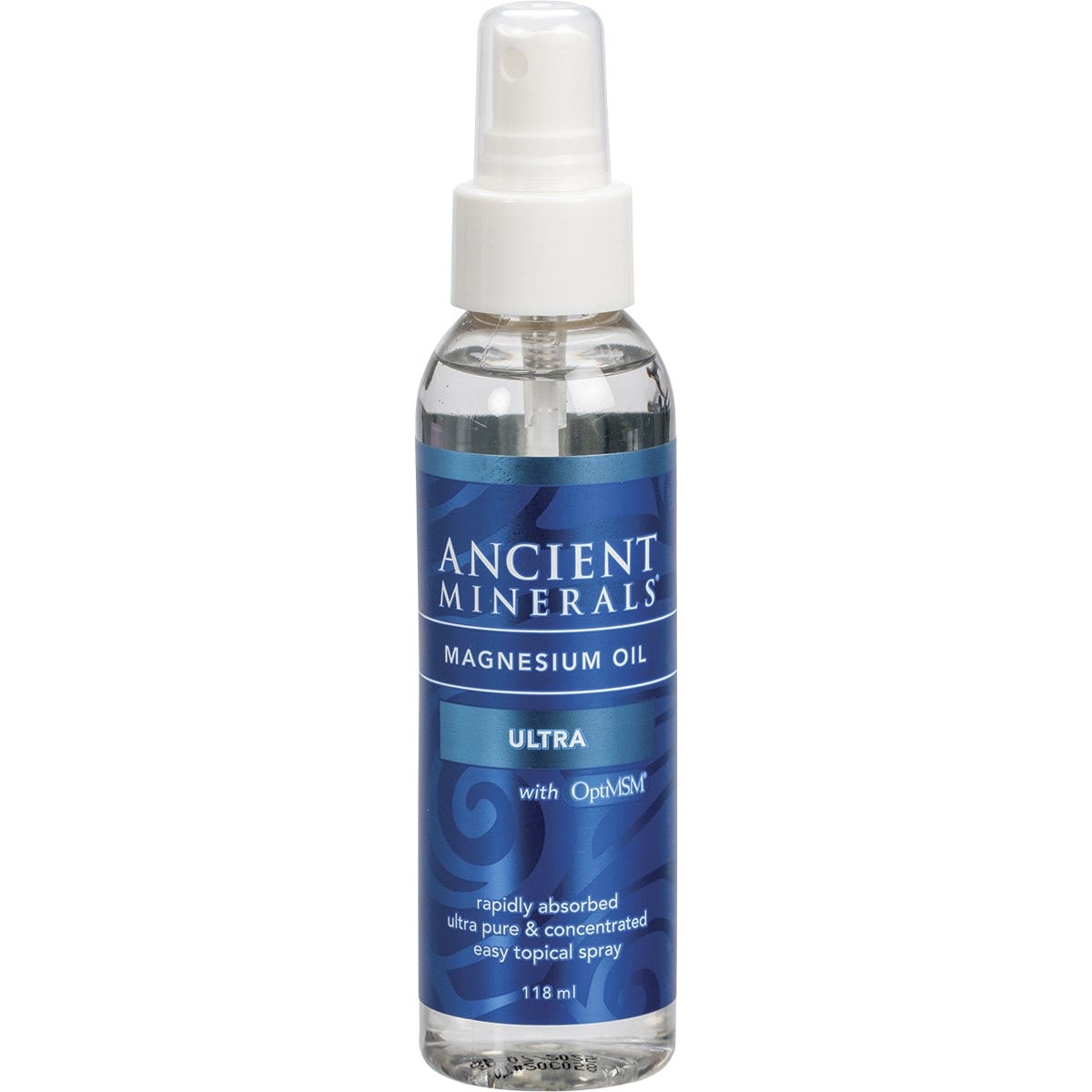 118ml spray bottle of Ancient Minerals Magnesium Oil Ultra with MSM featuring a white and blue label on a white background.