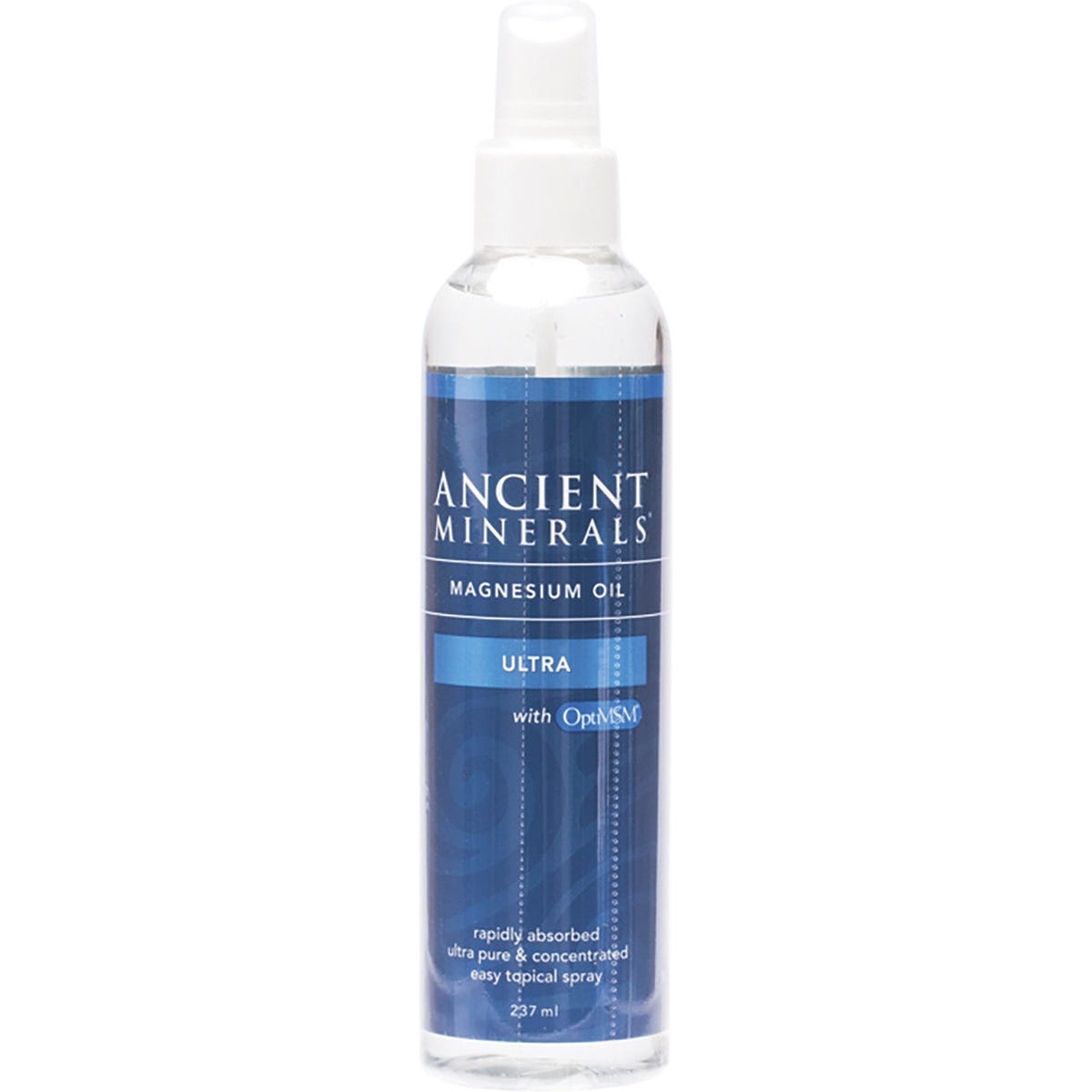 Ancient Minerals Magnesium Oil Ultra with MSM in a 237ml white spray bottle featuring a blue and silver label.
