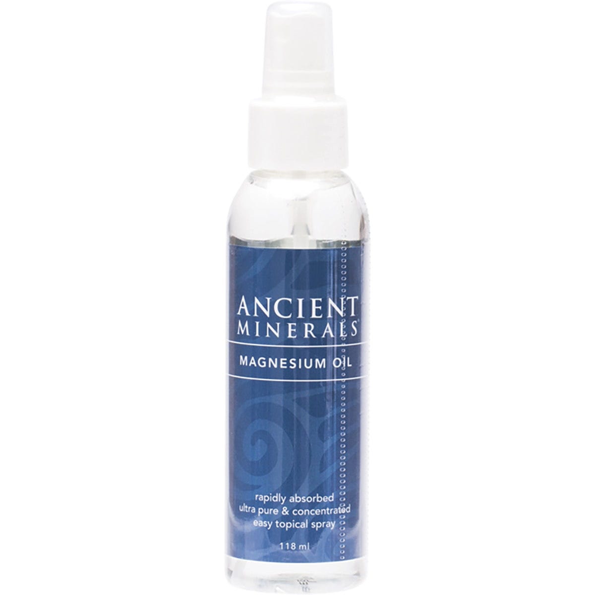 118ml spray bottle of Ancient Minerals Magnesium Oil Full Strength on a white background.
