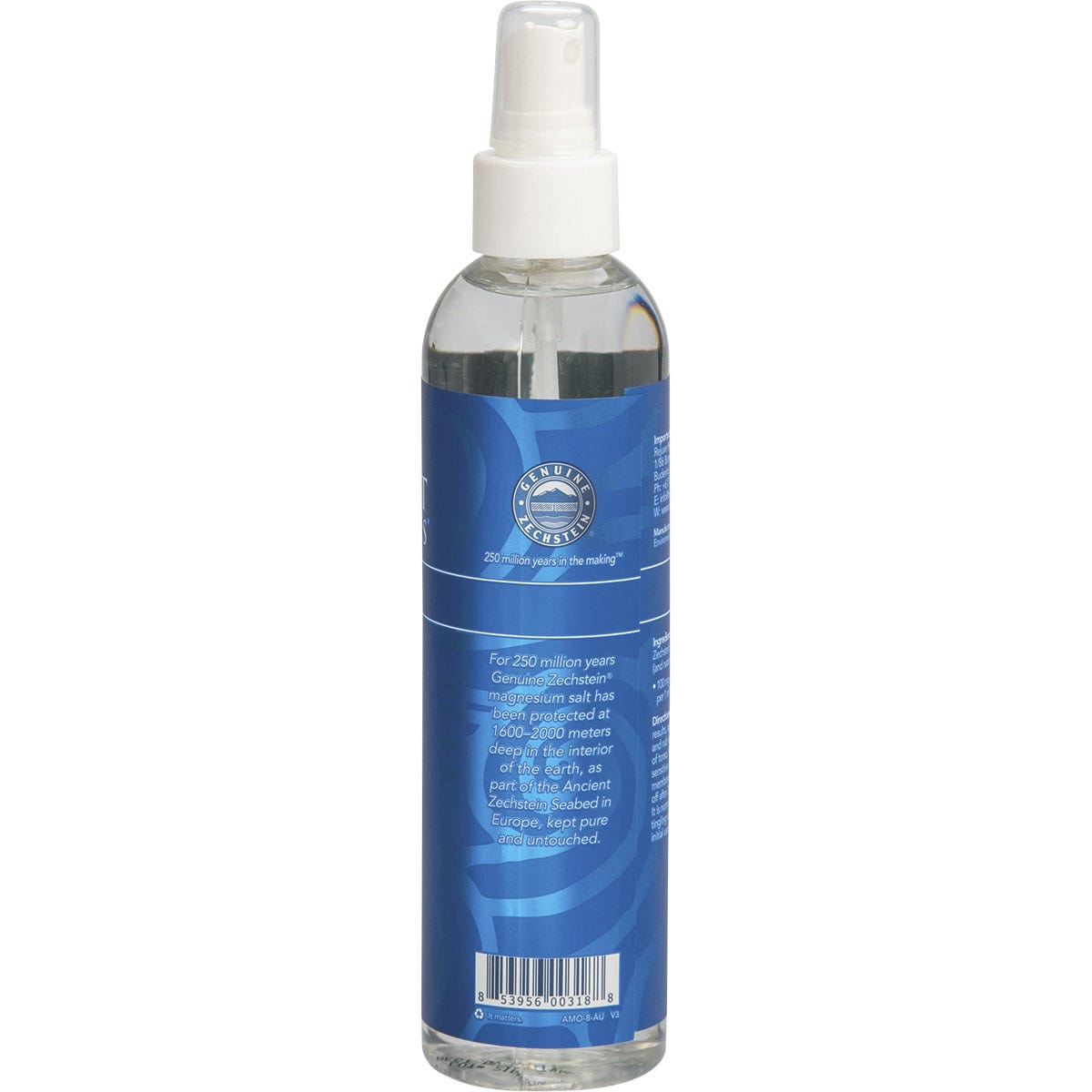 237ml spray bottle of Ancient Minerals Magnesium Oil showing the back label with directions on a white background.
