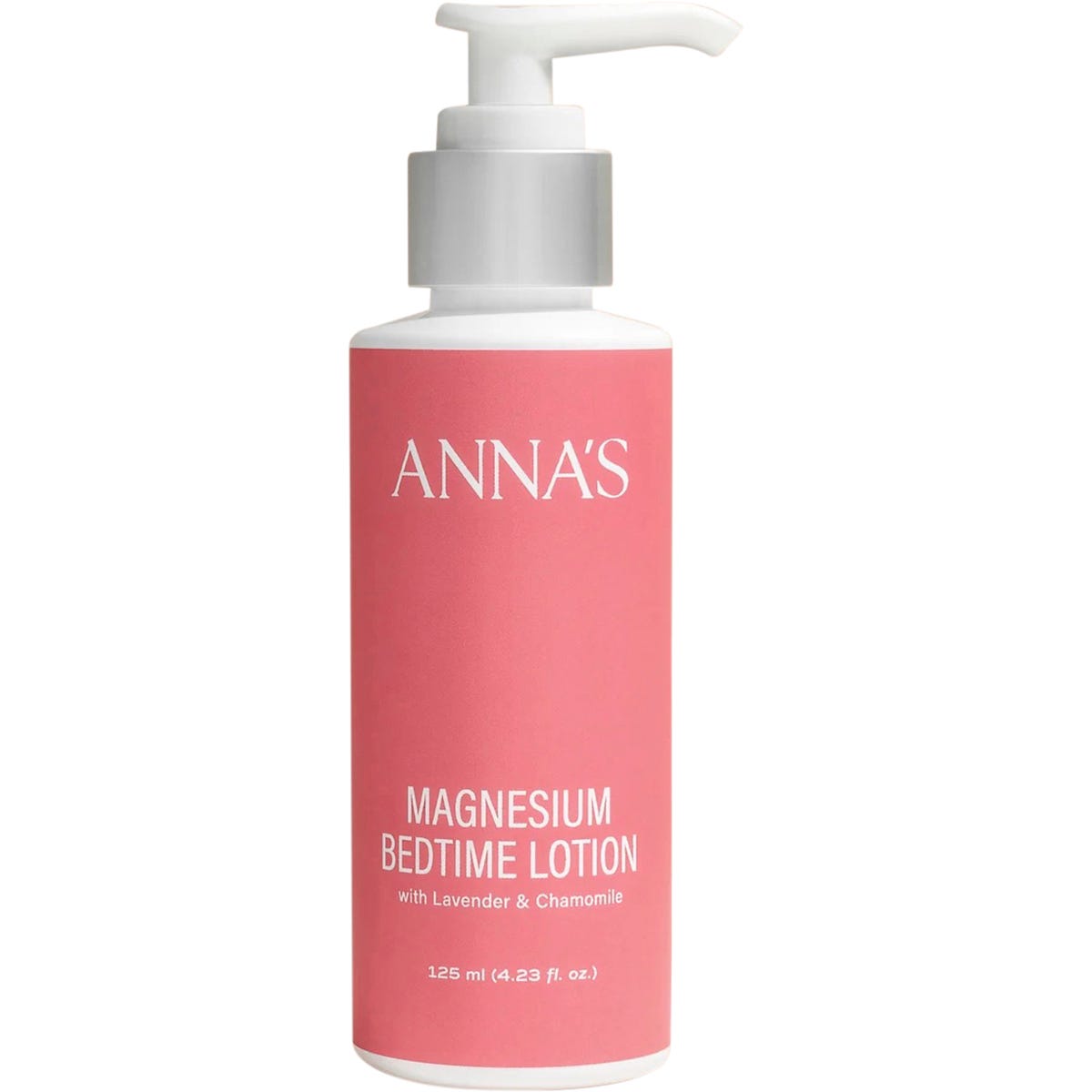 125ml bottle of Anna's Magnesium Bedtime Lotion with lavender and chamomile on a white background.